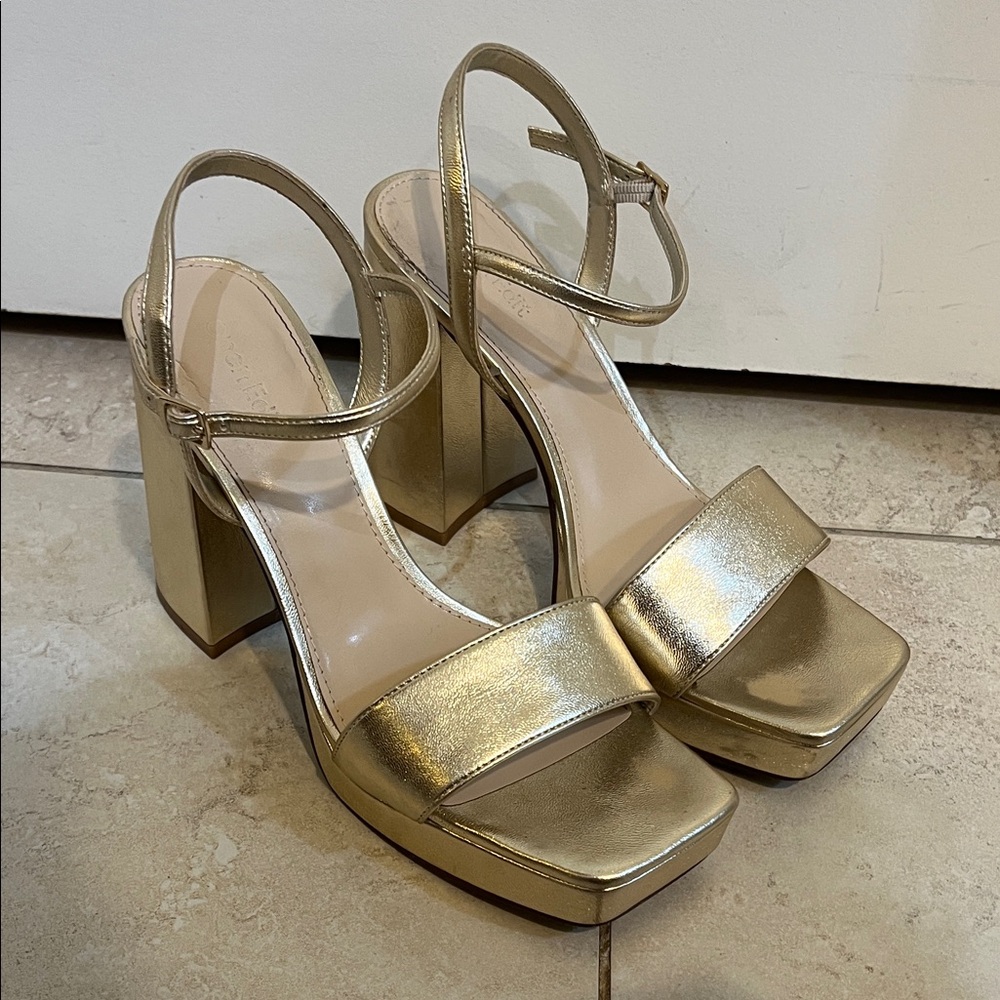 Gold Metallic Block Heels - Open Edit Noella Ankle Strap Sandals